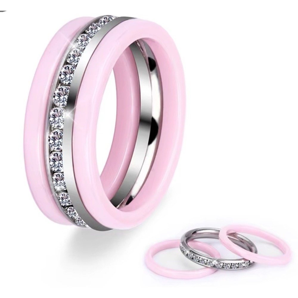 Pink Ceramic Cubic Zirconia Ring Set | Jewelry | Stackable Band Women‎